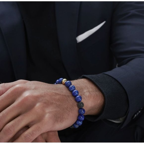 10mm Blue Lapis Lazuli with CZ Black Crystal Ball Stretch Bracelet - Picture 4 of 9